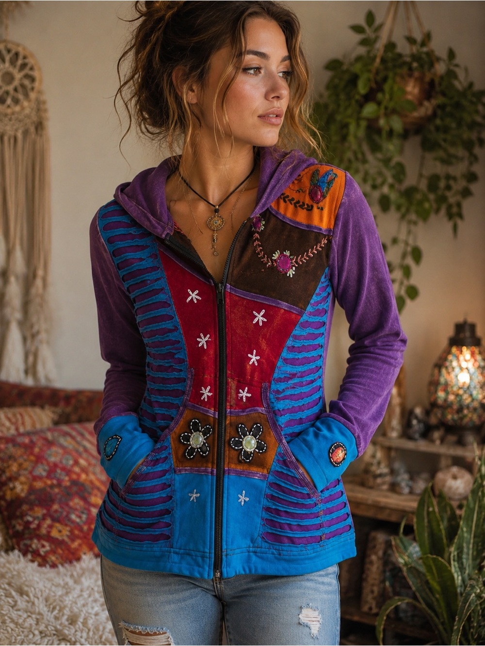 India Boutique Y2K Patchwork Embroidered Hoodie Jacket Boho Whimsigoth